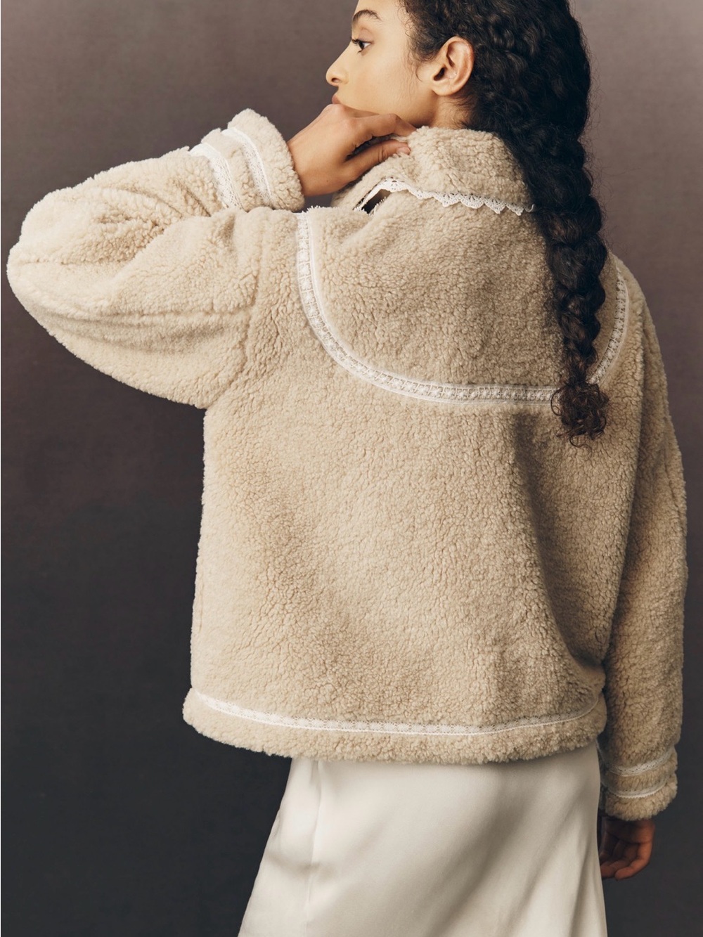 By Anthropologie Beige Sherpa Lace Trim Crop Jacket - Picture 3 of 10